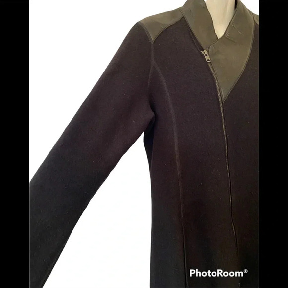 Eileen Fisher Black Wool Leather Jacket - Picture 3 of 8